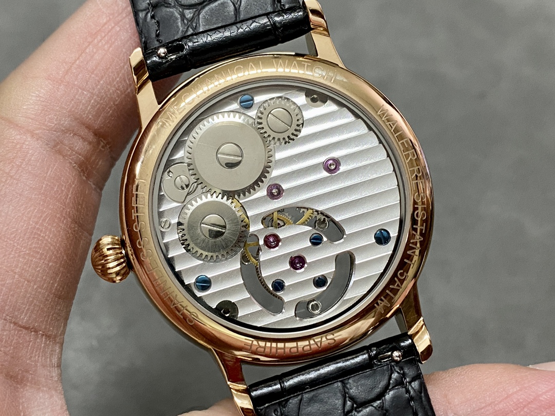Caseback view of the Patek Philippe 6102P 001 showing the reverse dial and astronomical indications.