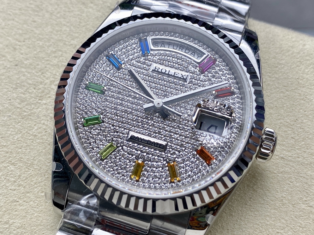 Rolex Day Date 36mm White Gold 128239 0016 Pave Rainbow Diamond Dial