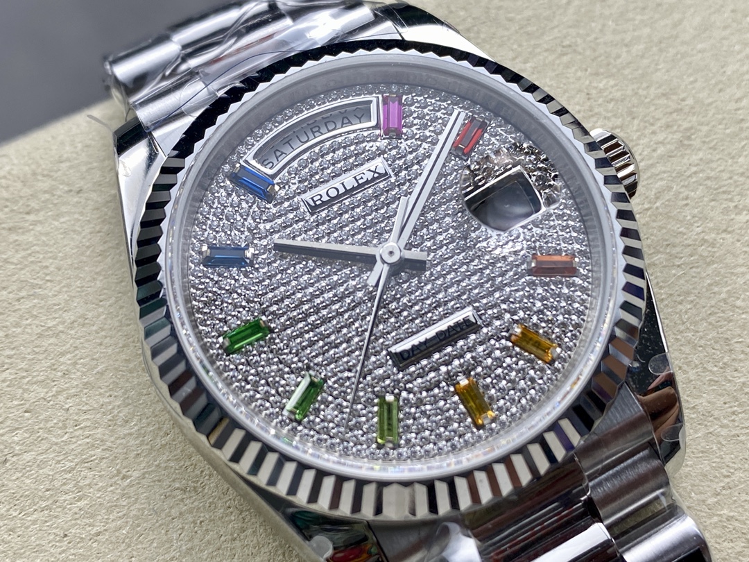 Rolex Day Date 36mm White Gold 128239 0016 Pave Rainbow Diamond Dial