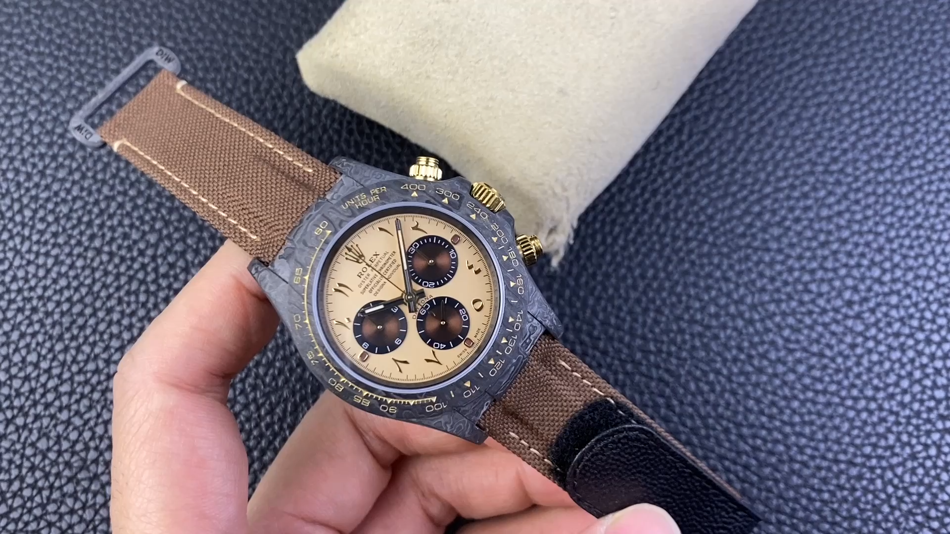 Rolex Daytona DIW Desert Eagle, video showing brown leather strap and cream Arabic chronograph dial. - Video