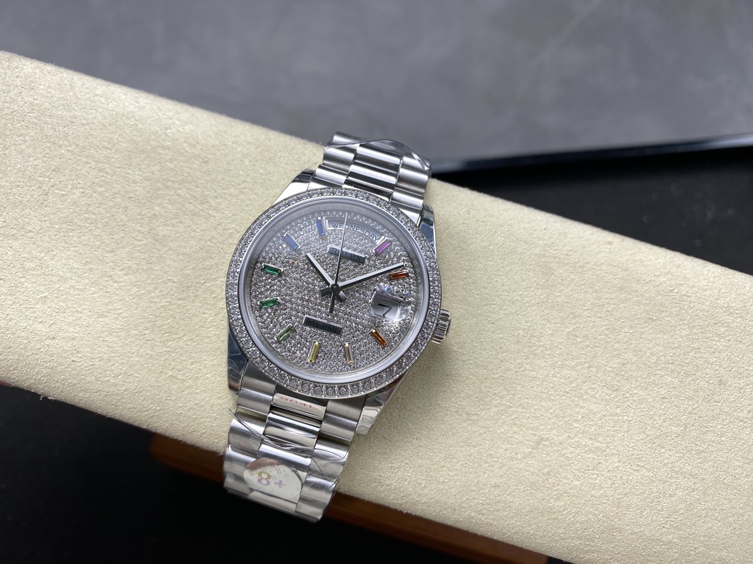 Rolex Day Date 36mm White Gold 128349RBR 0006 Pave Rainbow