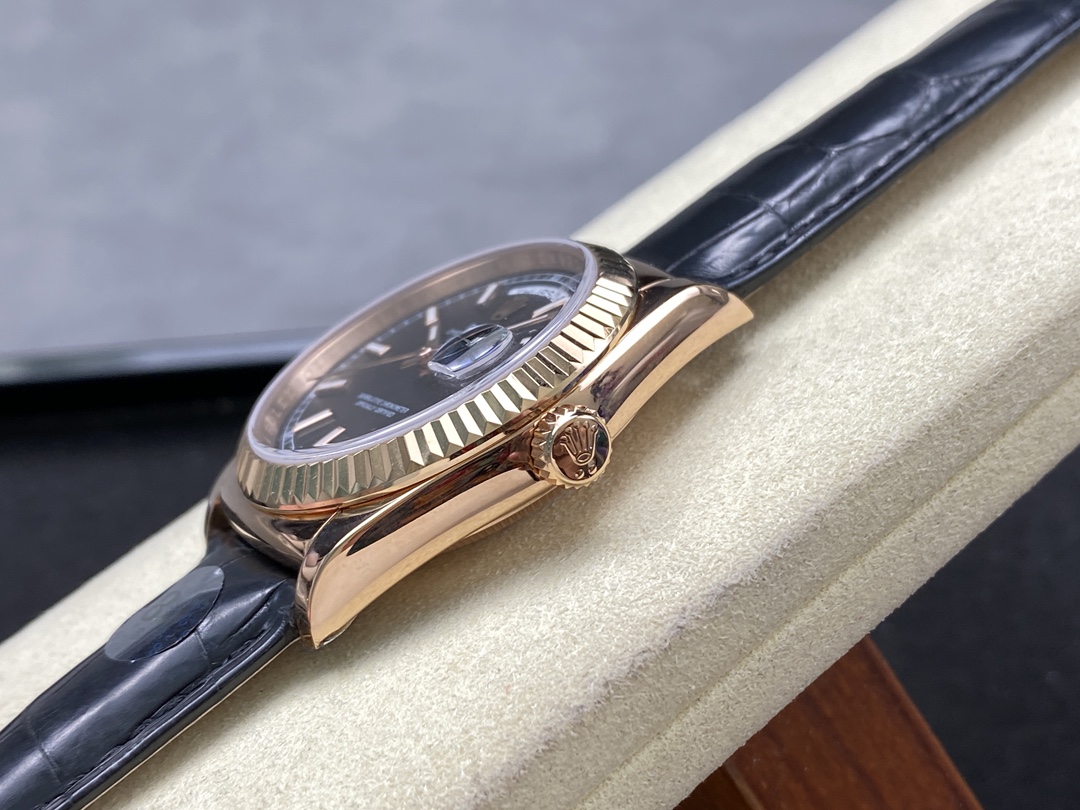 Rolex Day Date 36 Everose Gold Black Dial 118135 0063 Leather Watch