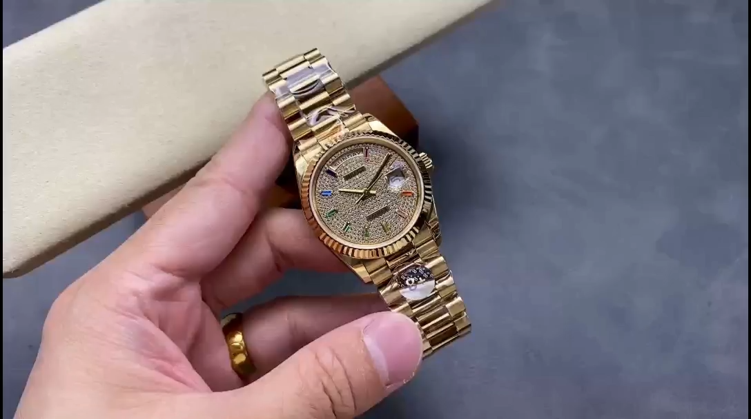 Rolex Day Date 36mm Yellow Gold 128238 0051 Pave Rainbow Diamond Dial Fluted Bezel