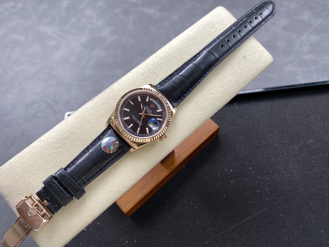 Rolex Day Date 36 Everose Gold Black Dial 118135 0063 Leather Watch