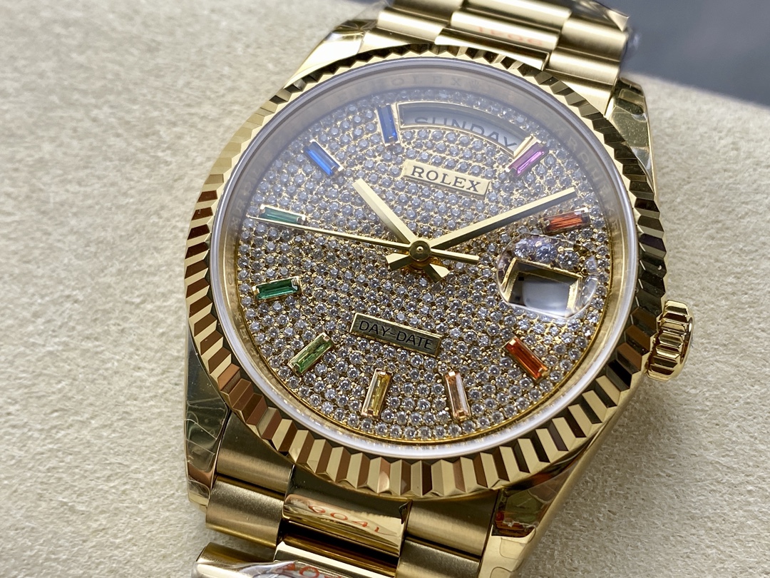 Rolex Day Date 36mm Yellow Gold 128238 0051 Pave Rainbow Diamond Dial Fluted Bezel