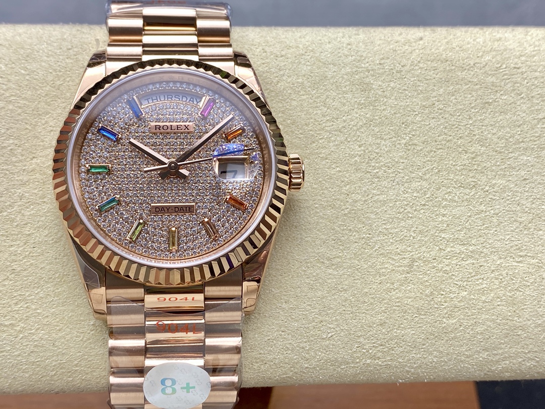 Rolex Day Date 36 Diamond Paved Dial Fluted Bezel 18K Everose gold 128235 0039 President Watch