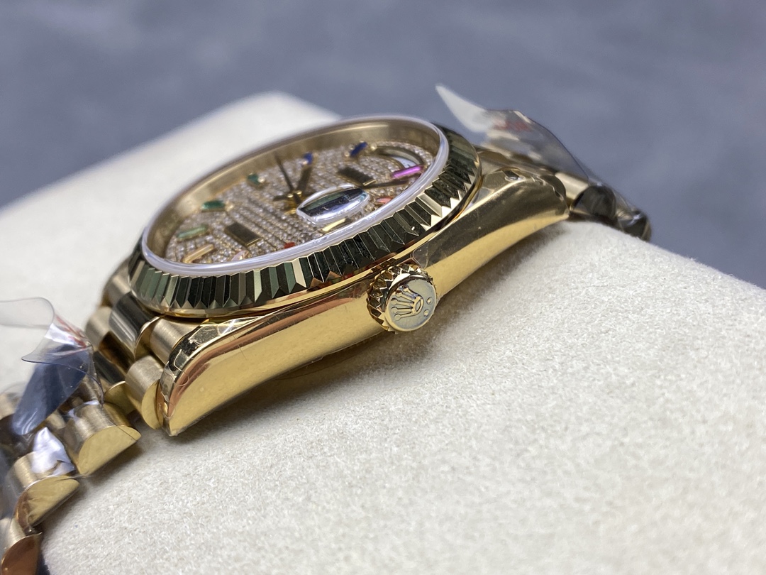 Rolex Day Date 36mm Yellow Gold 128238 0051 Pave Rainbow Diamond Dial Fluted Bezel