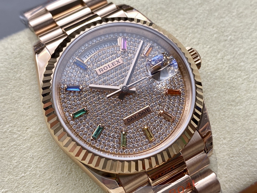 Rolex Day Date 36 Diamond Paved Dial Fluted Bezel 18K Everose gold 128235 0039 President Watch