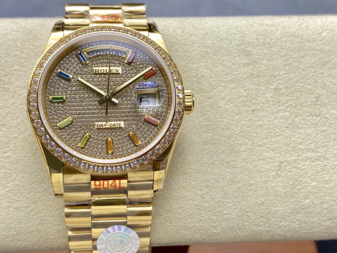 Rolex Day Date 36mm Yellow Gold 128348RBR 0030 Pave Rainbow Diamonds Sapphires Dial