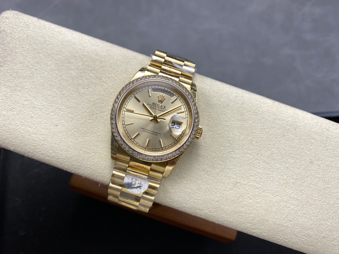 Rolex Day Date 36 Yellow Gold Champagne Dial Diamond Bezel m128348rbr 0026