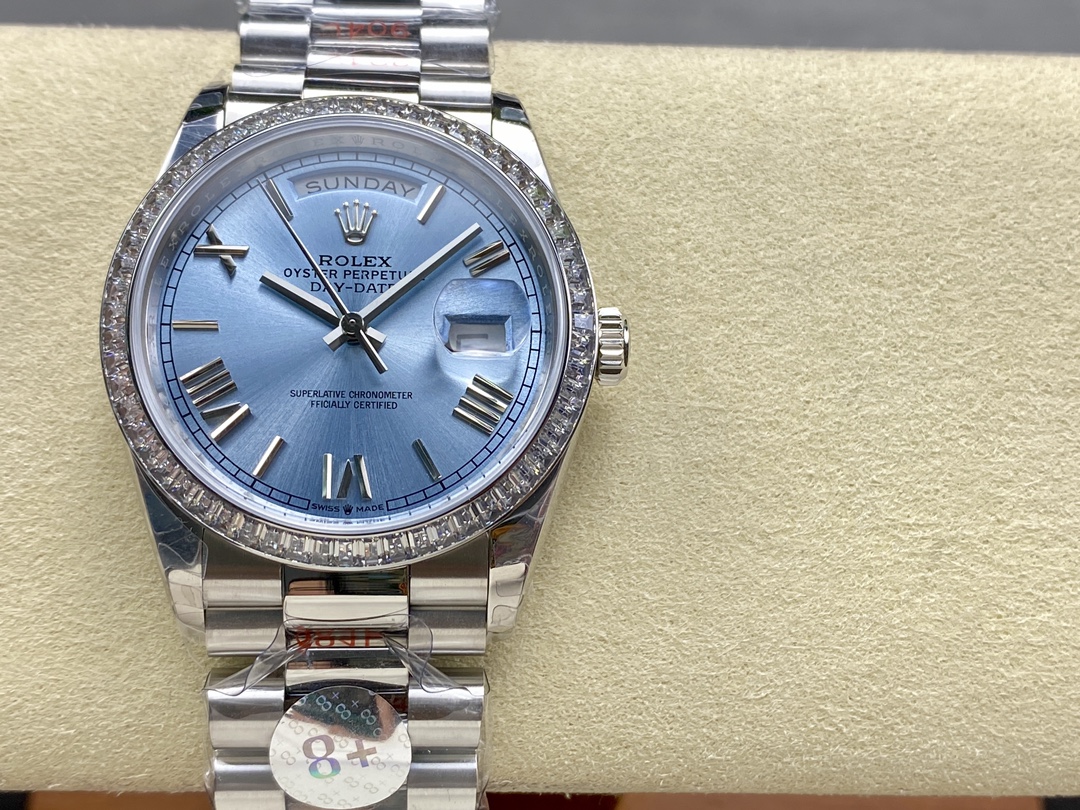 Rolex Day-Date 228396TBR 0030 Ice Blue Dial Platinum Diamond Bezel 40mm Mens Replica Watch