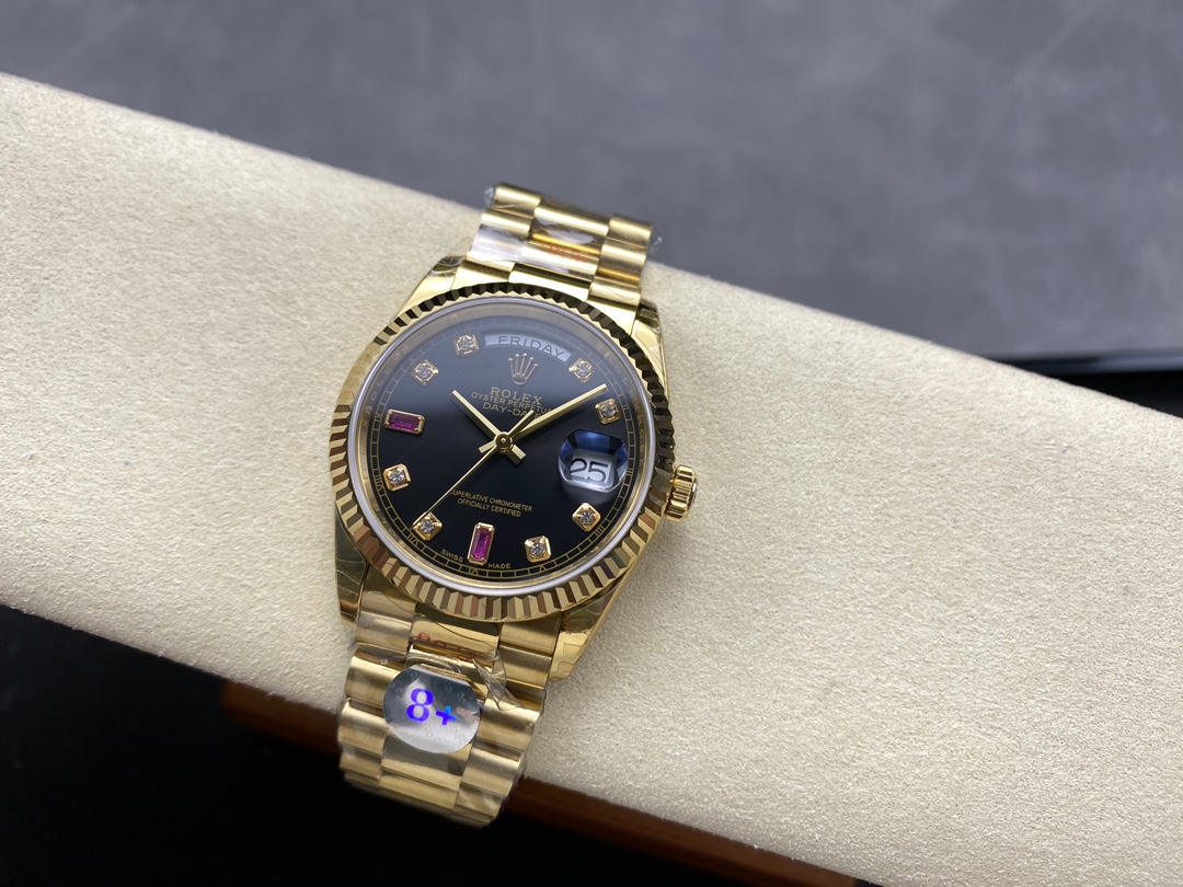 Rolex Day Date 118238 Black Diamond Dial Fluted Bezel 36mm Mens Replica Watch