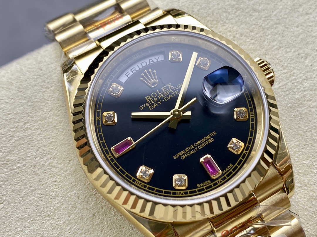Rolex Day Date 118238 Black Diamond Dial Fluted Bezel 36mm Mens Replica Watch