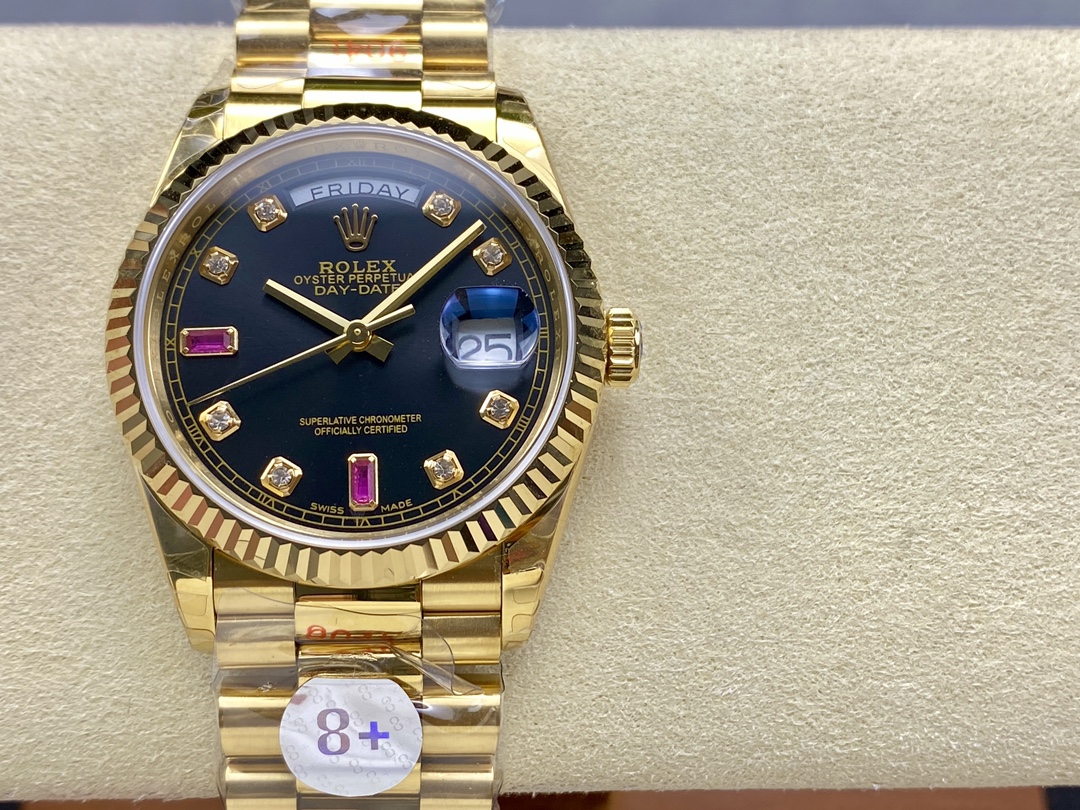 Rolex Day Date 118238 Black Diamond Dial Fluted Bezel 36mm Mens Replica Watch