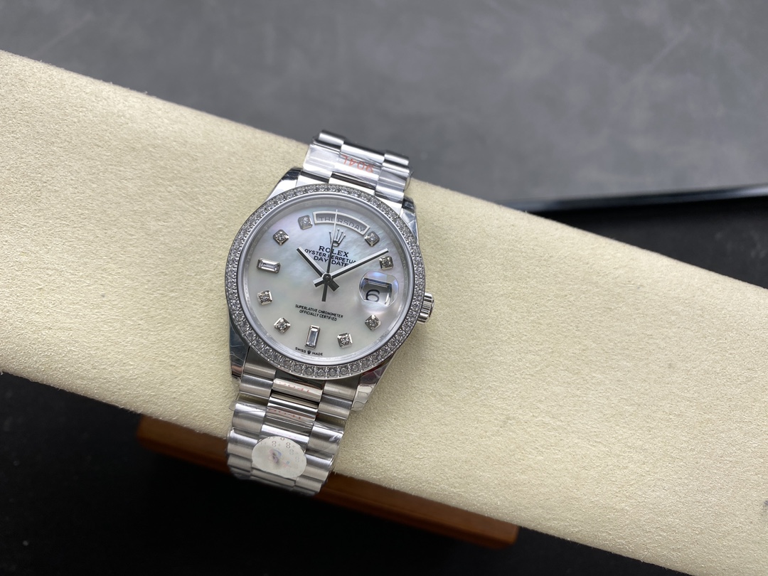 Rolex Day Date 36 Mother of Pearl Dial Diamond Bezel Platinum President m128396tbr 0005