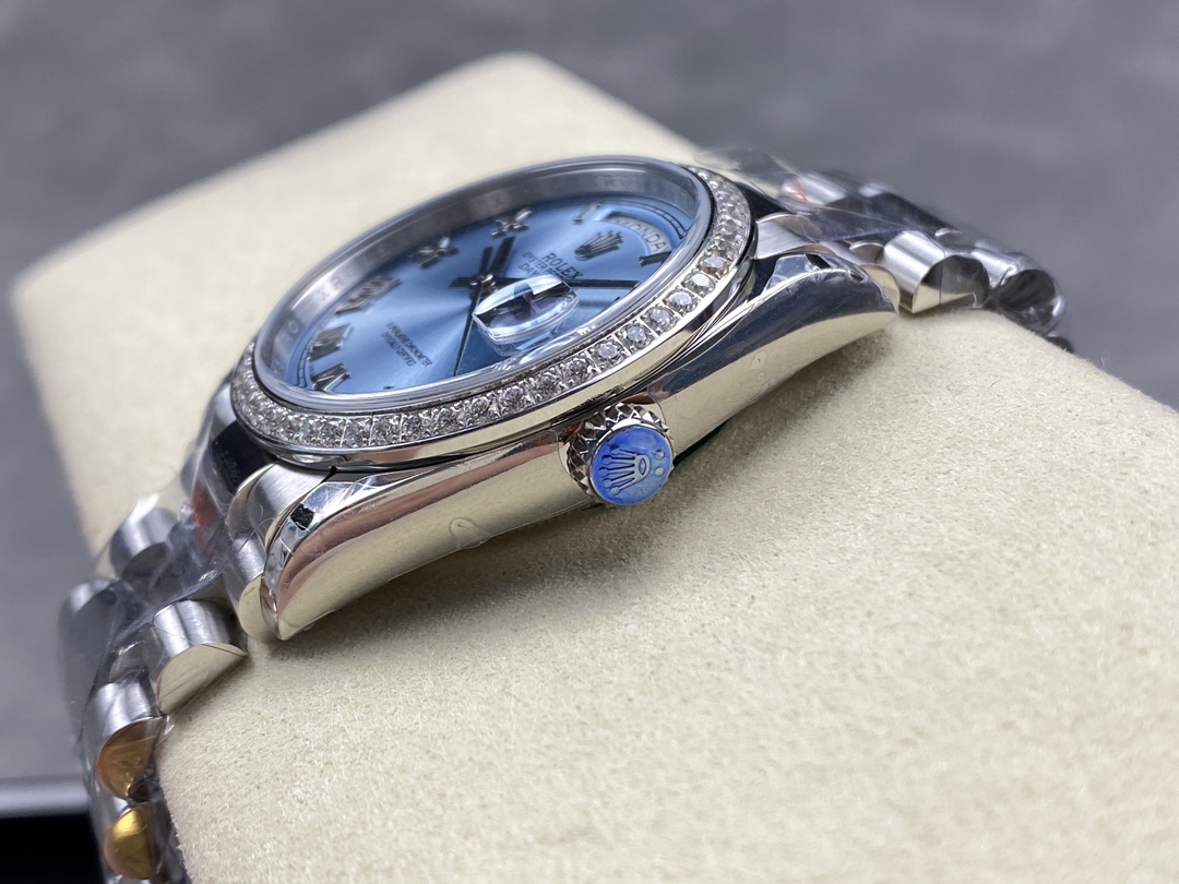 Rolex Day Date 36 Diamond Bezel Ice Blue Roman Dial m128396tbr 0019