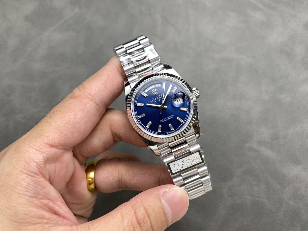 Rolex Day Date 36 36mm Bright Blue Diamond-Set Dial Fluted Bezel Presi m128236 0023