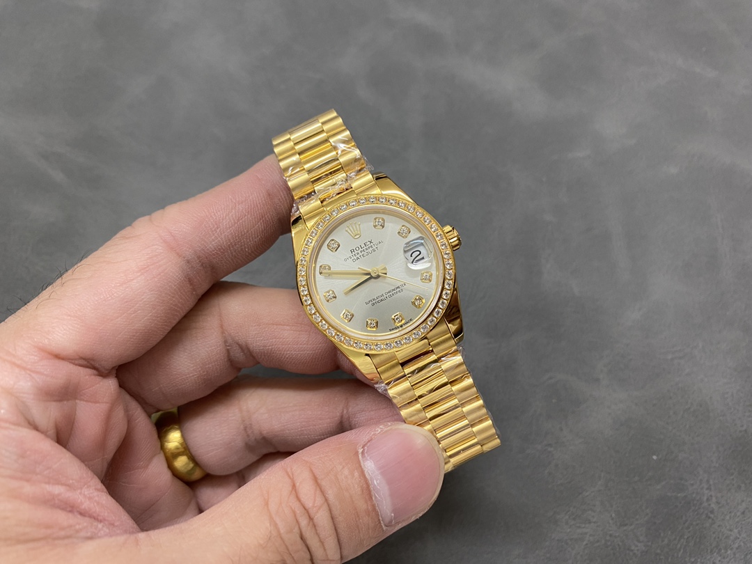 Rolex Datejust 31 Yellow Gold Silver Diamond Dial Diamond Bezel M278288RBR 0028 Women's Watch