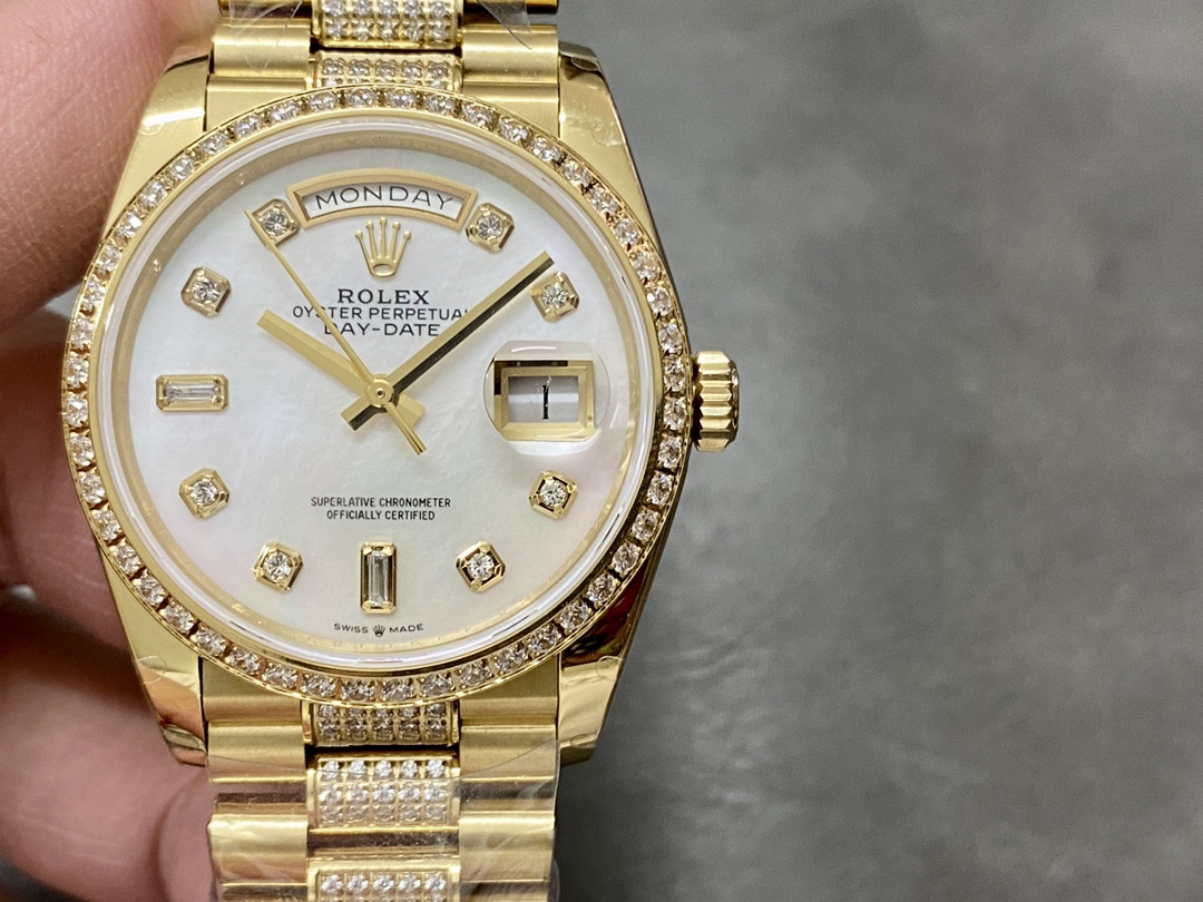 Rolex Day Date 36 Yellow Gold Diamond Bezel MOP Dial m128348rbr 0019