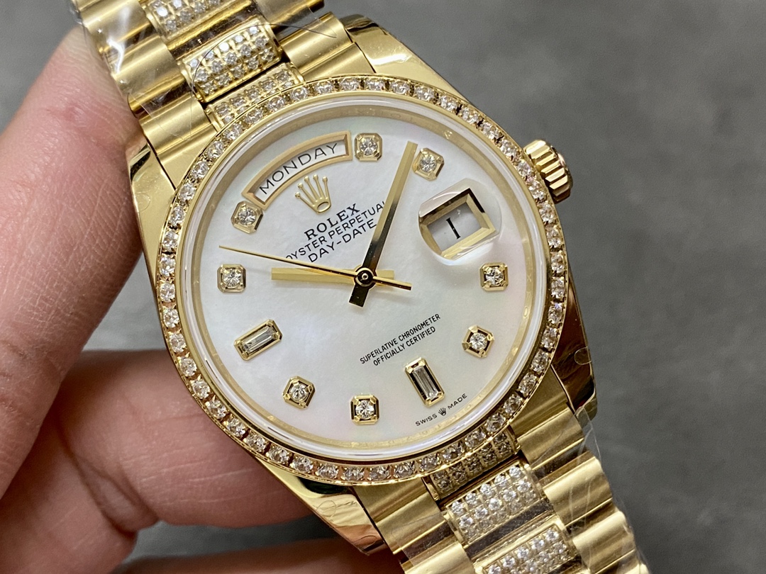 Rolex Day Date 36 Yellow Gold Diamond Bezel MOP Dial m128348rbr 0019