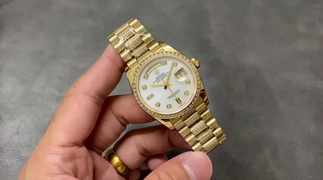 Rolex Day Date 36 Yellow Gold Diamond Bezel MOP Dial m128348rbr 0019