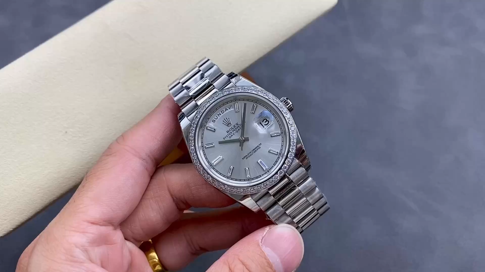 Rolex Day-Date 228349RBR Silver Dial Diamond Bezel 40mm Mens Replica Watch