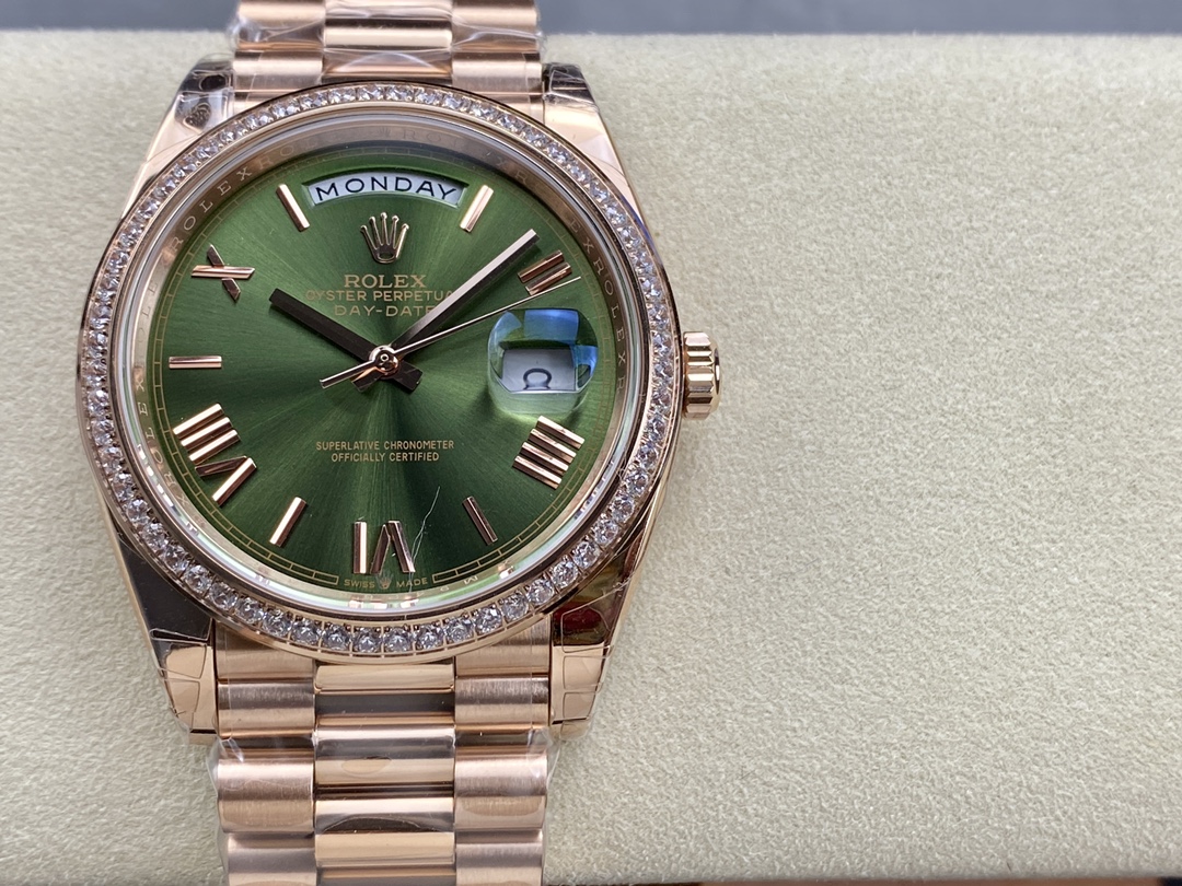Rolex Day-Date 228345RBR 0011 Olive Green Roman Dial Diamond Bezel 40mm Mens Replica Watch