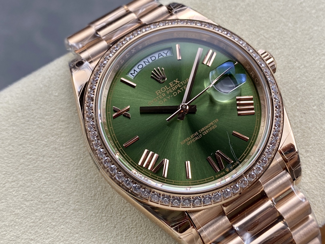 Rolex Day-Date 228345RBR 0011 Olive Green Roman Dial Diamond Bezel 40mm Mens Replica Watch