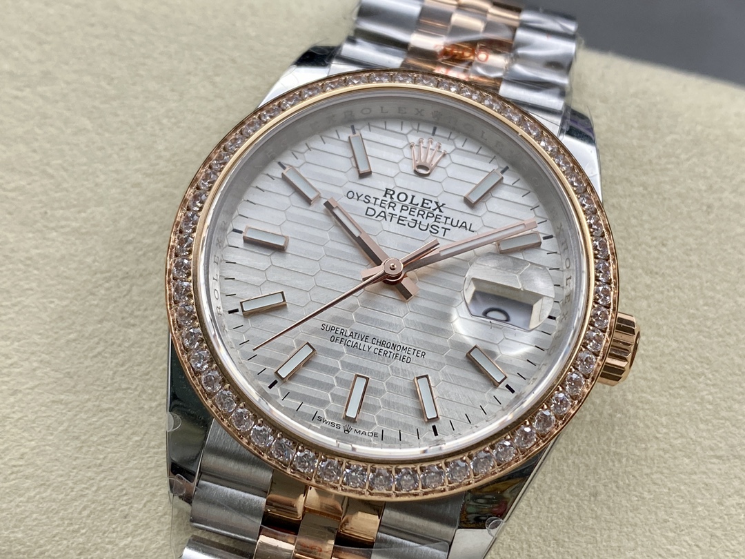 Rolex Datejust 36 Steel & Everose Gold Silver Fluted-Motif Dial Diamond Bezel M126281RBR 0021 Women's Watch