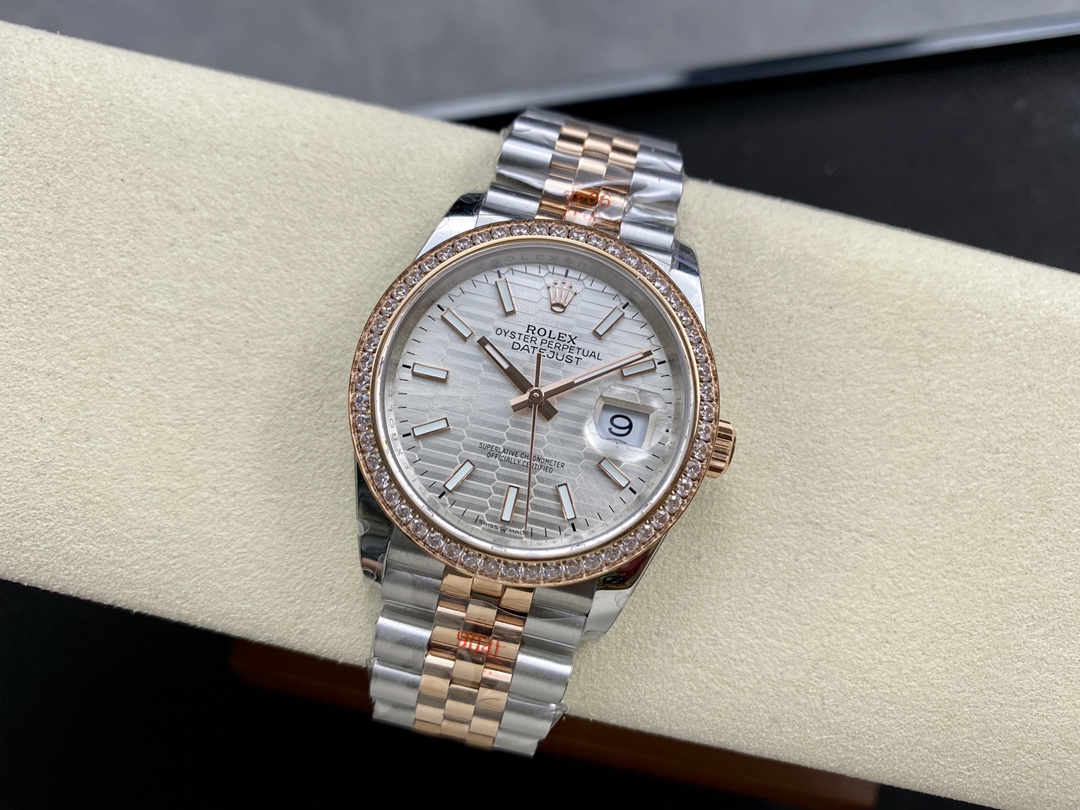 Rolex Datejust 36 Steel & Everose Gold Silver Fluted-Motif Dial Diamond Bezel M126281RBR 0021 Women's Watch