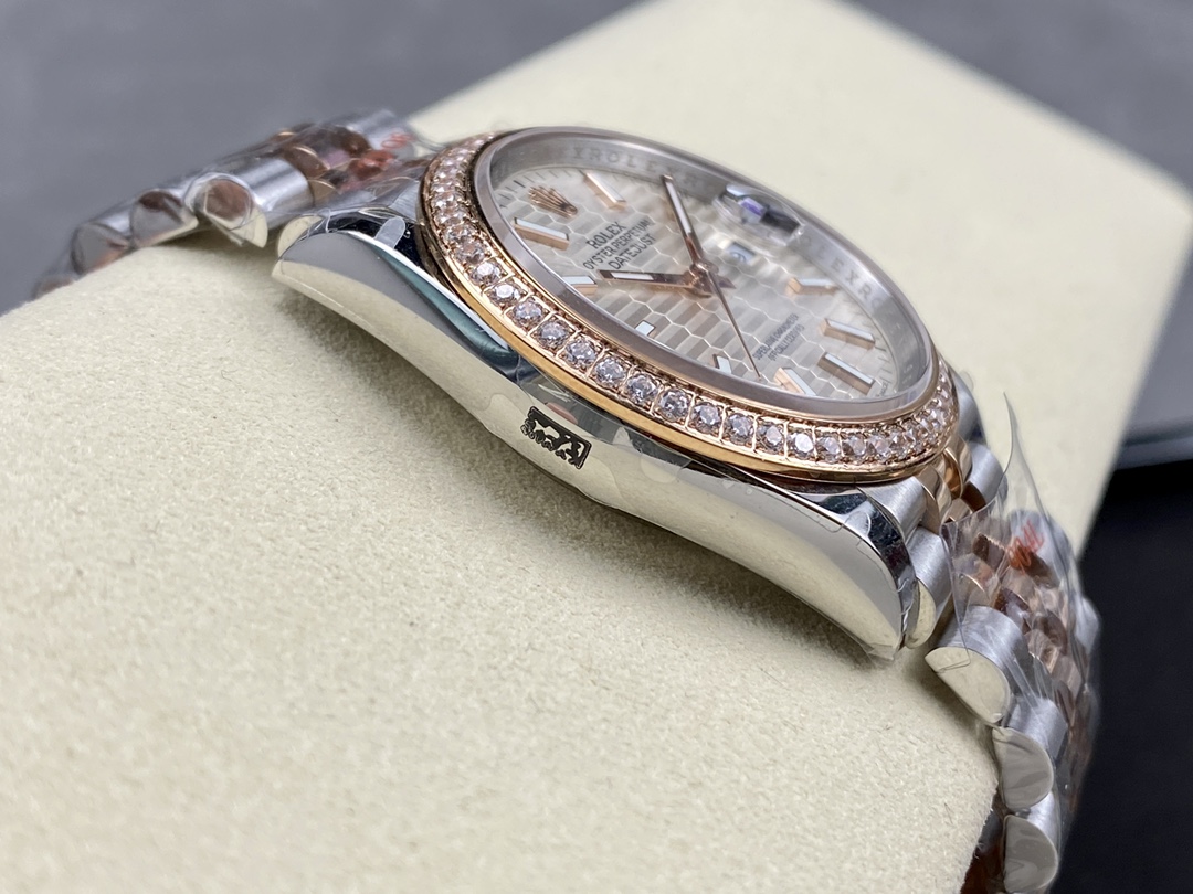 Rolex Datejust 36 Steel & Everose Gold Silver Fluted-Motif Dial Diamond Bezel M126281RBR 0021 Women's Watch