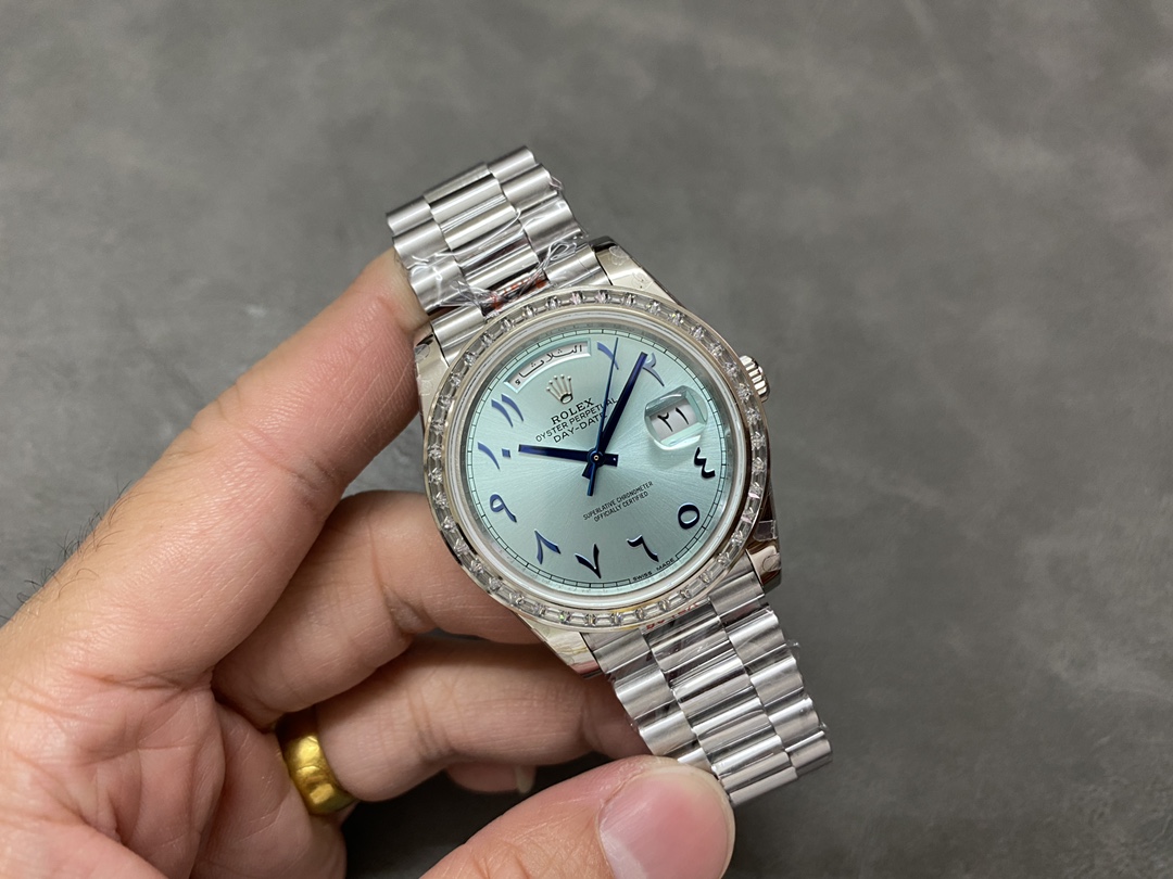 Rolex Day-Date 40mm Platinum Ice Blue Arabic Dial Diamond Bezel 228396TBR Men's Watch