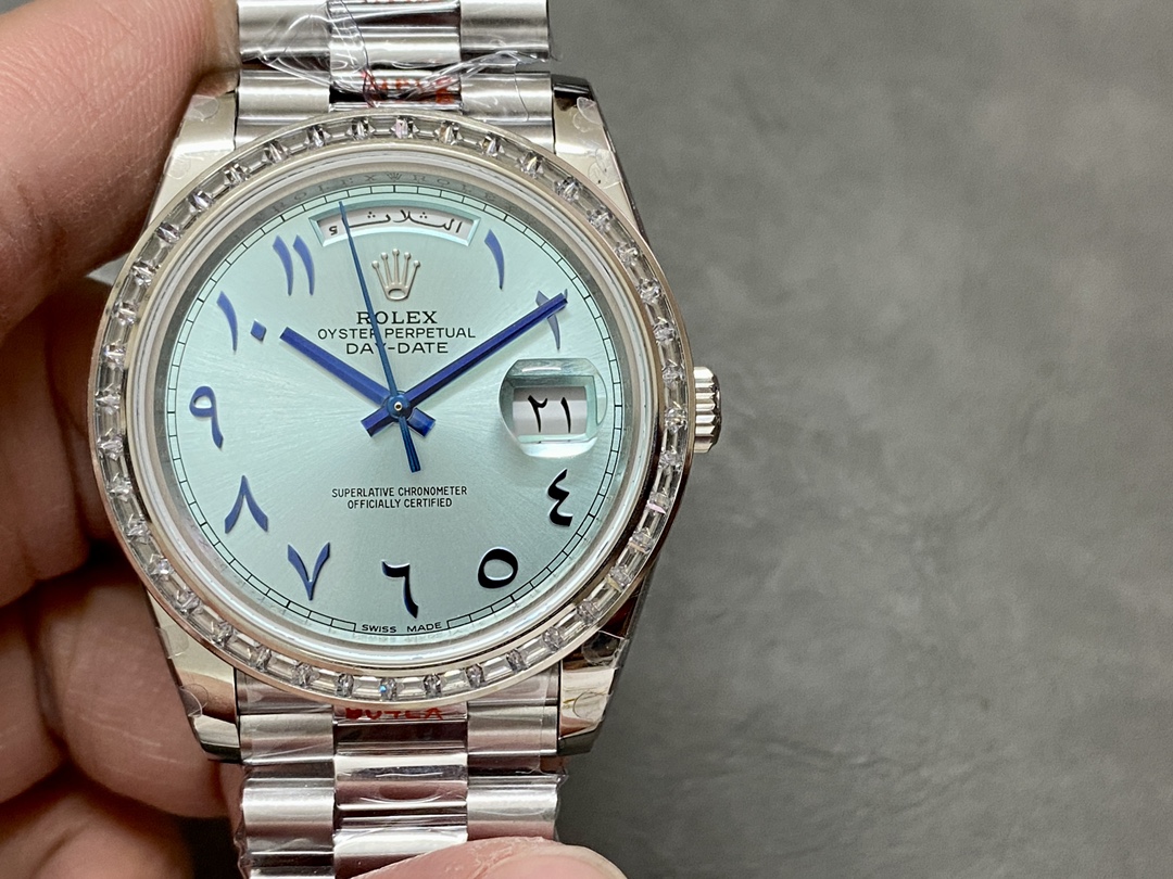 Rolex Day-Date 40mm Platinum Ice Blue Arabic Dial Diamond Bezel 228396TBR Men's Watch
