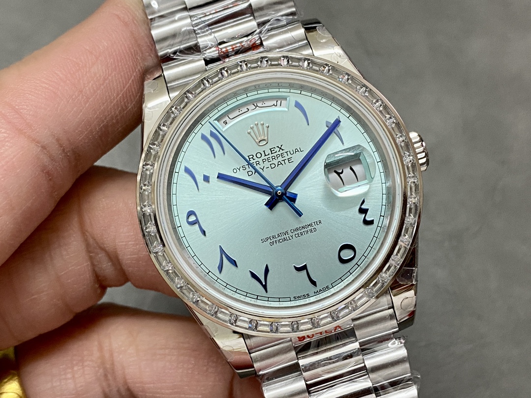 Rolex Day-Date 40mm Platinum Ice Blue Arabic Dial Diamond Bezel 228396TBR Men's Watch