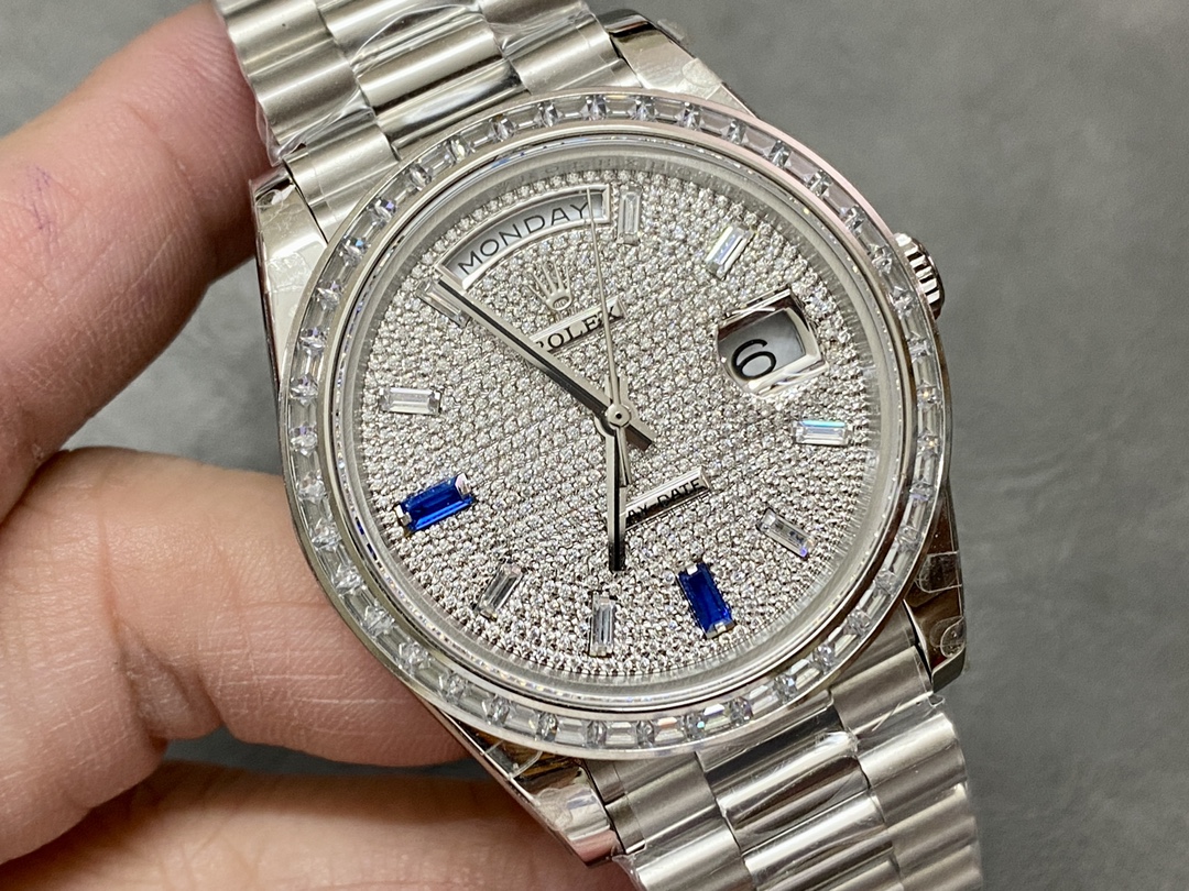 Rolex Day Date Platinum Diamond Paved Dial With Sapphires Diamond Bezel m228396tbr 0021 40mm