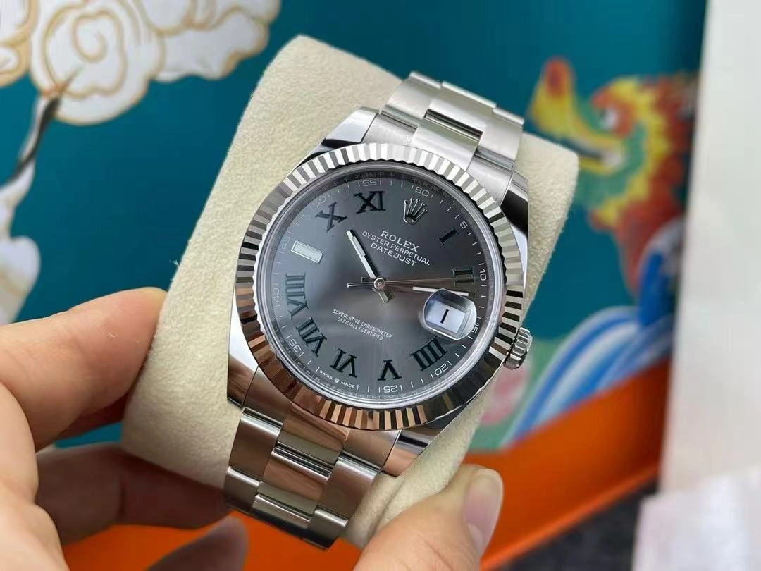 Rolex Datejust m126334 0021 Fluted Bezel Grey Wimbledon Dial 41MM Mens Replica Watch