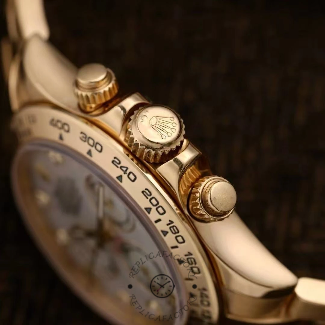 Side view of Rolex Daytona 116508 0007 showing crown and chronograph pushers.