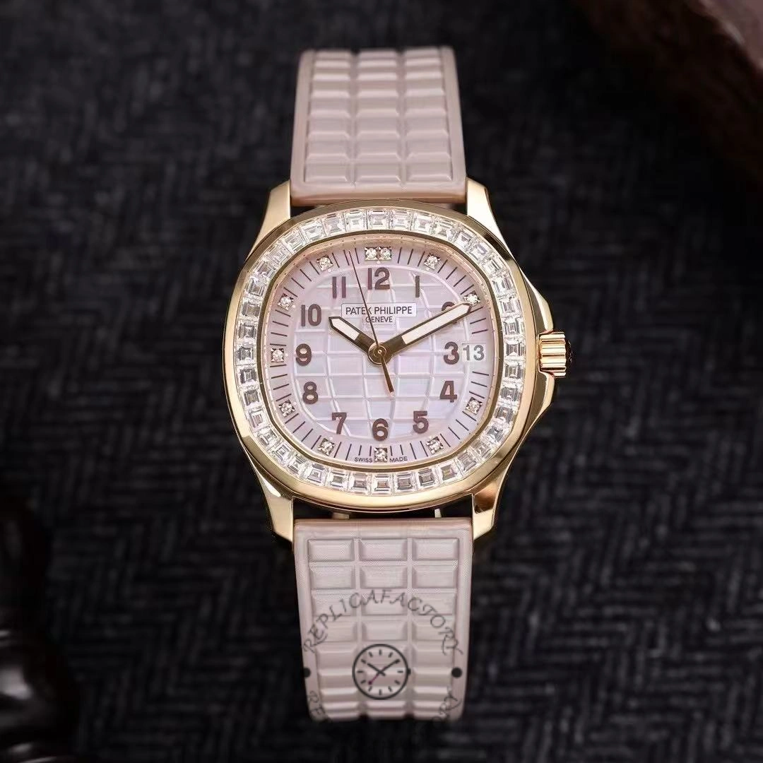 Studio front shot of Patek Philippe Aquanaut 5072R-001 showing diamond bezel and lilac strap.