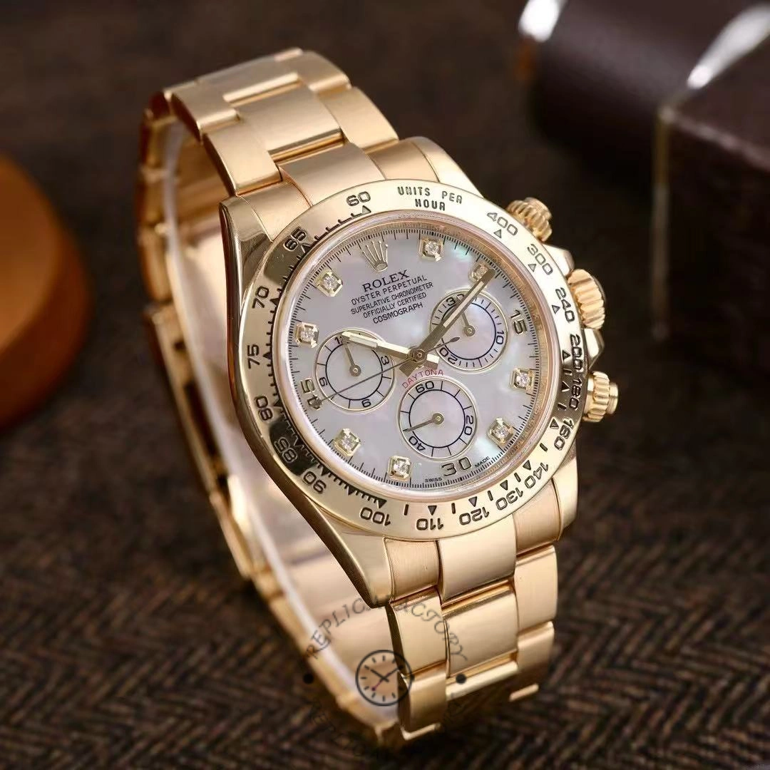 Angled view of Rolex Daytona 116508 0007 showing case and bracelet, mother-of-pearl dial.