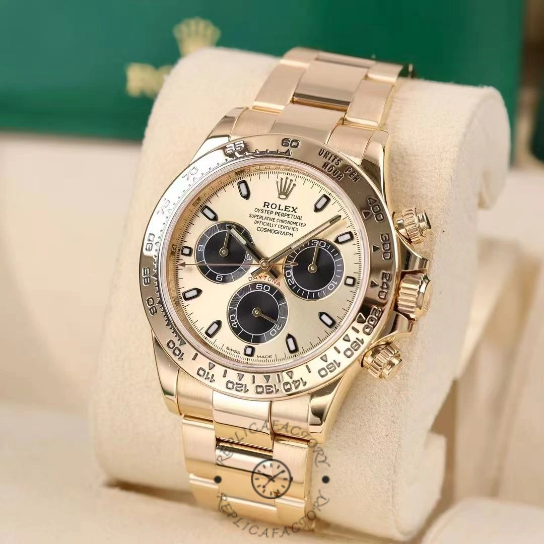 Front close-up of Rolex Daytona 116508 highlighting index markers and subdials.