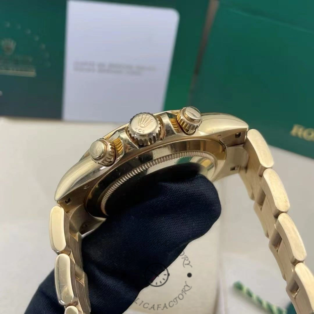 Bracelet side profile of Rolex Daytona 116508 showing curved links and gold crown.