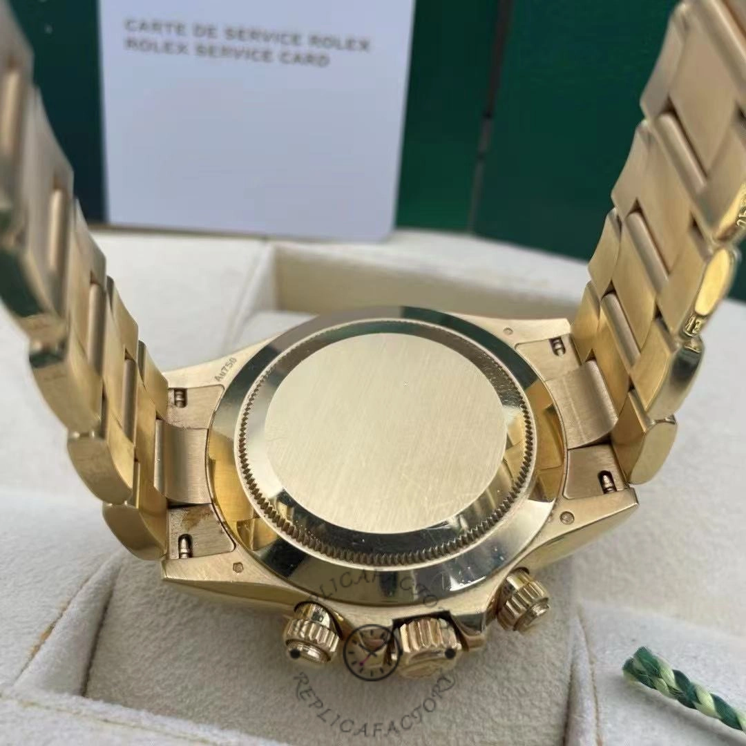 Case back view of Rolex Daytona 116508 on green background showing solid gold back.