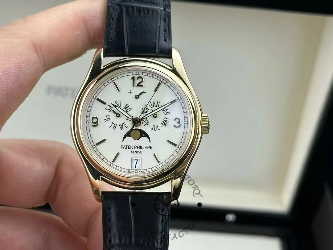 Patek Philippe 5146R-001 in box setting, front view with cream dial and complications visible.