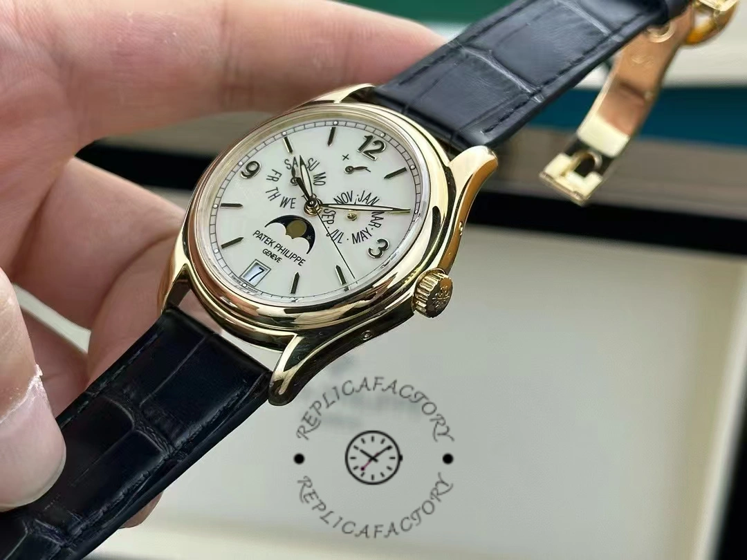 Side angle of the Patek Philippe 5146R-001 highlighting the polished rose gold case flank.