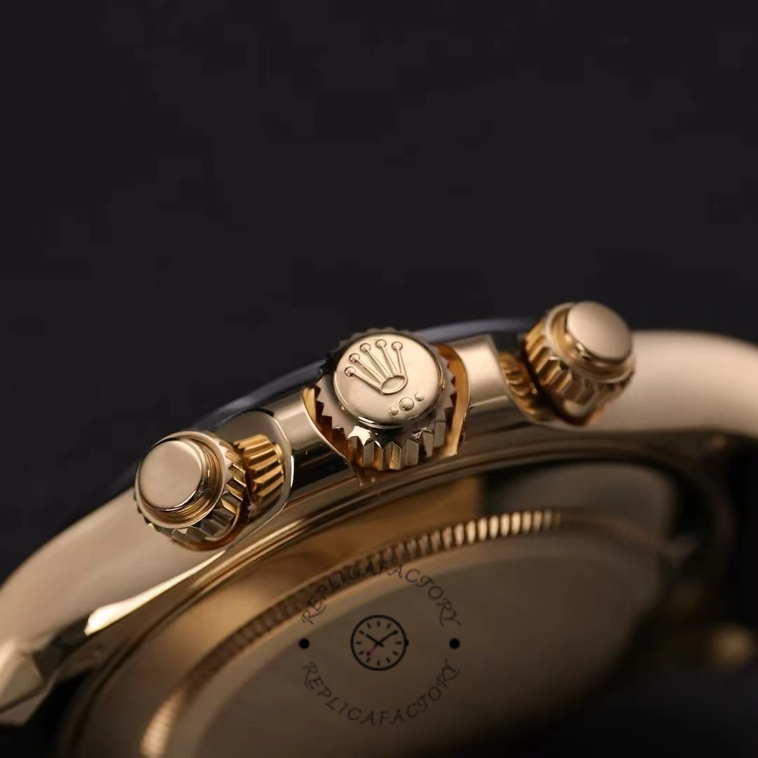 Side view of Rolex Daytona 116518LN showing the crown, chronograph pushers and yellow gold case profile.