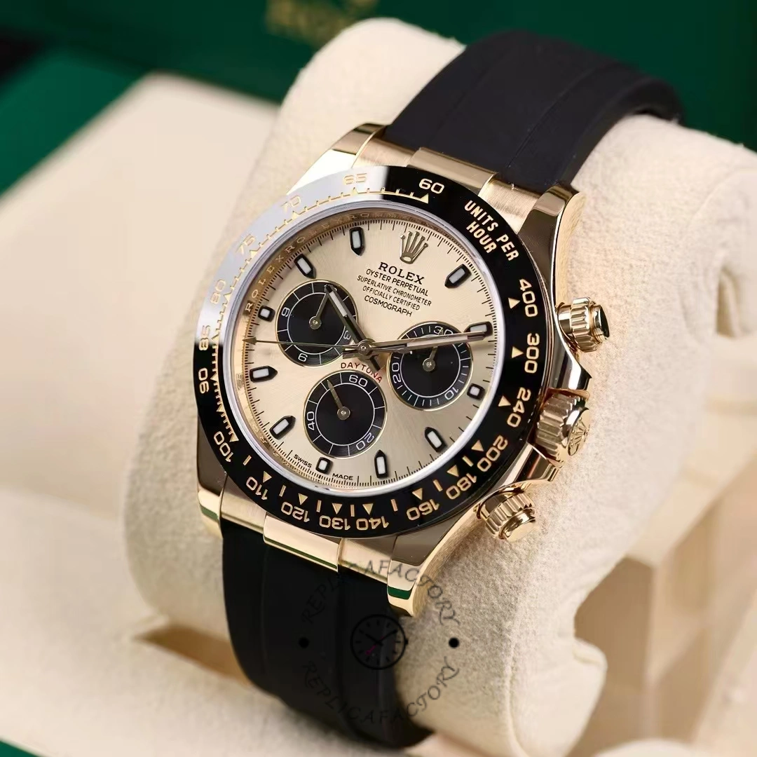 Angled front view of Rolex Daytona 116518LN showing champagne dial, black subdials and yellow gold case.
