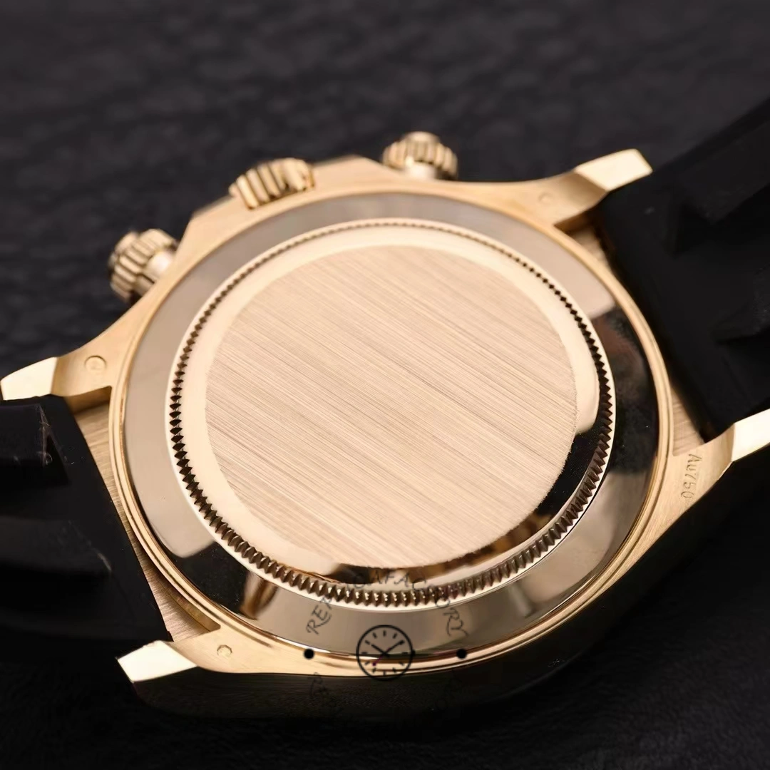 Back view of Rolex Daytona 116518LN showing the solid case back and black strap connection.