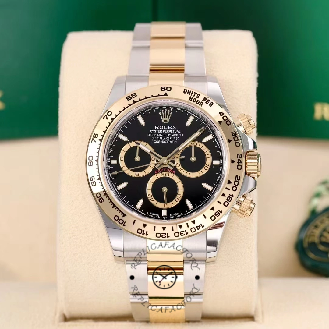 Front view of the Rolex Cosmograph Daytona 126503 0003 on cushion, two-tone case and bracelet.