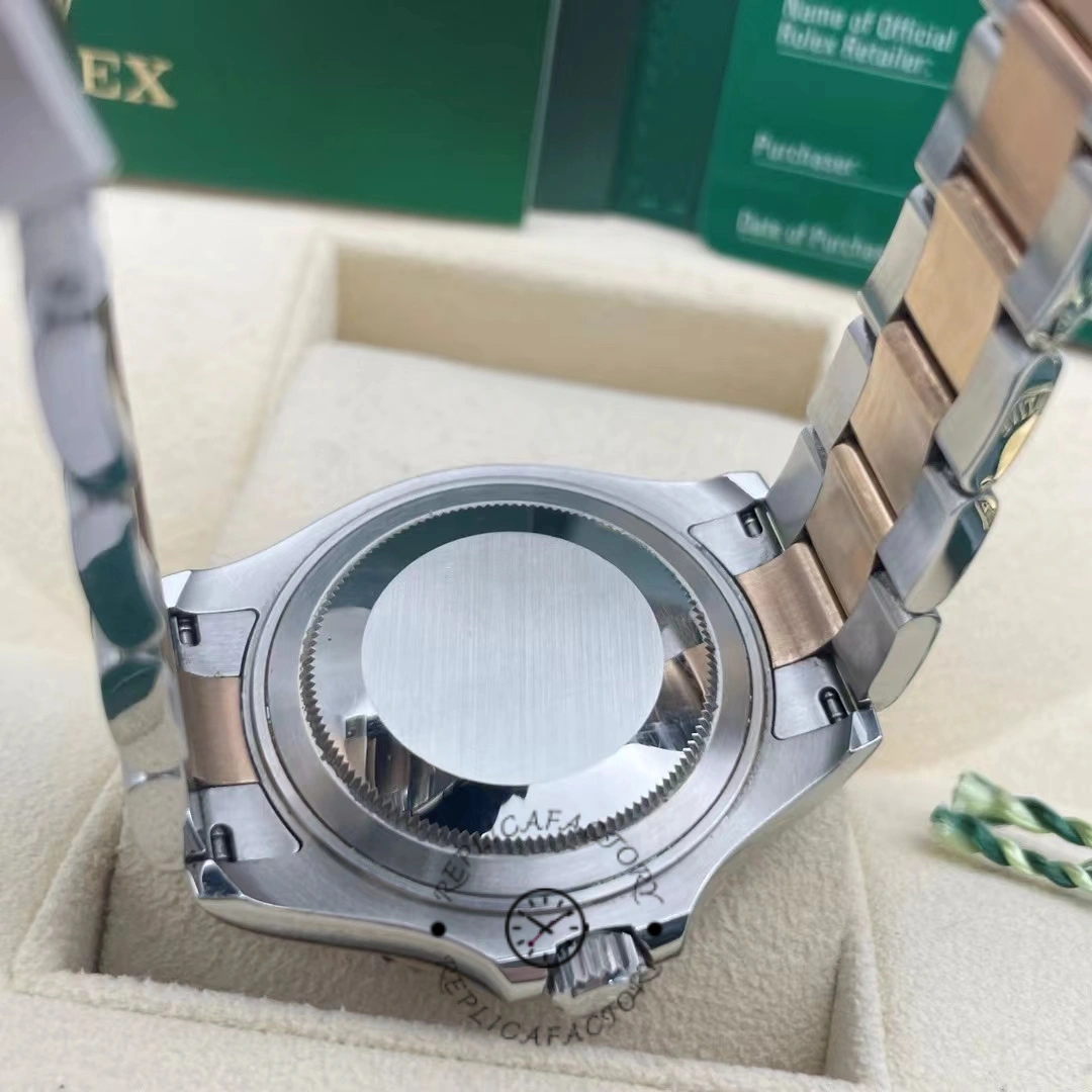 Rolex Yacht-Master 268621 case back view, stickered back and rolesor bracelet, in box.