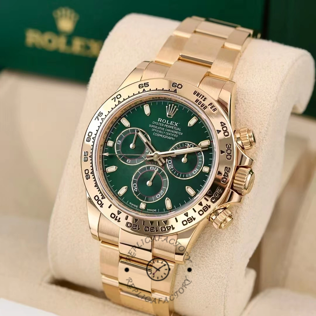 Close-up of Rolex Daytona 116508 showing green dial texture and bezel markings.